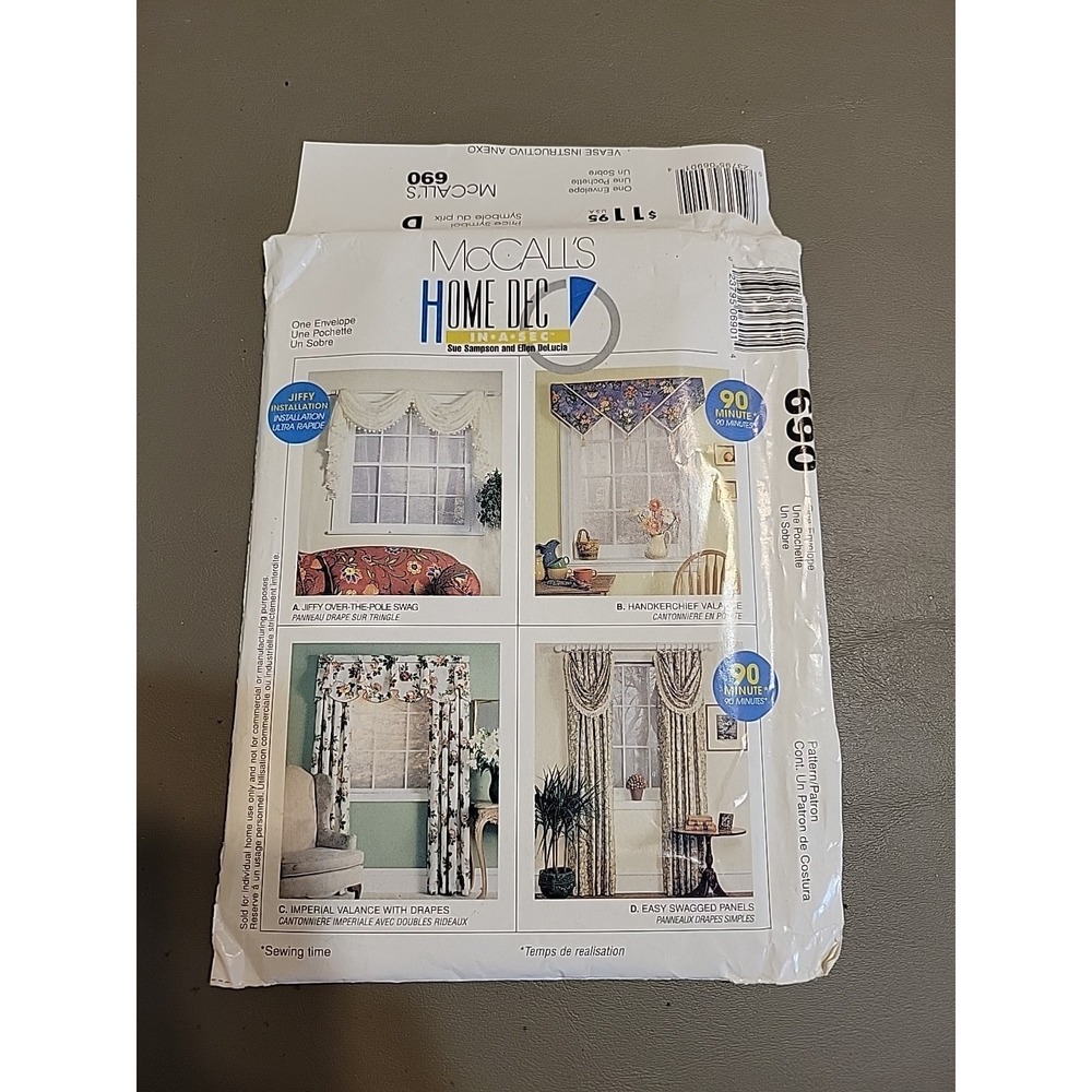 McCall's 690 HOME DECOR Uncut Drapes curtains‎ Toppers Valances